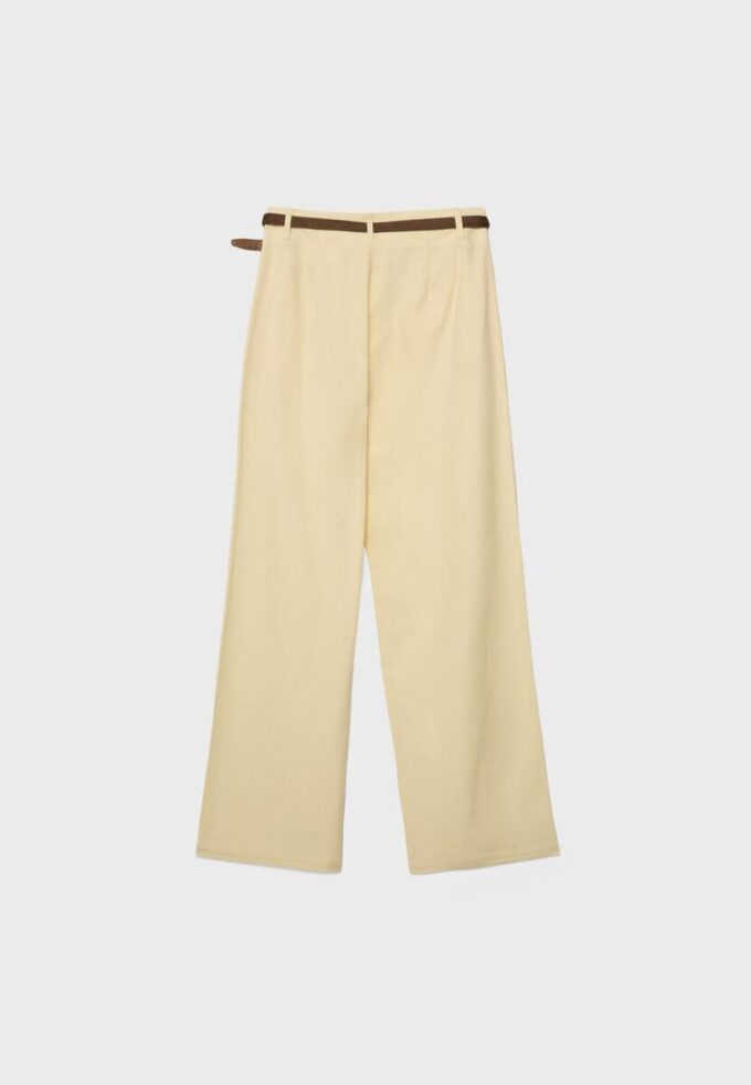 Pantalones de pierna recta con efecto lino y cinturón Pantalones de pierna recta con efecto lino y cinturón