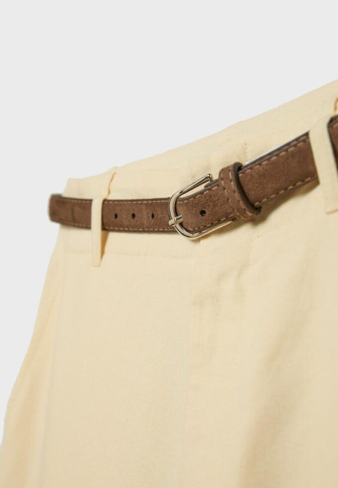 Pantalones de pierna recta con efecto lino y cinturón Pantalones de pierna recta con efecto lino y cinturón