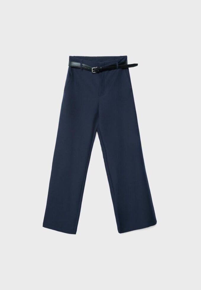 Pantalones elegantes de corte recto y vuelo con cinturón Pantalones elegantes de corte recto y vuelo con cinturón