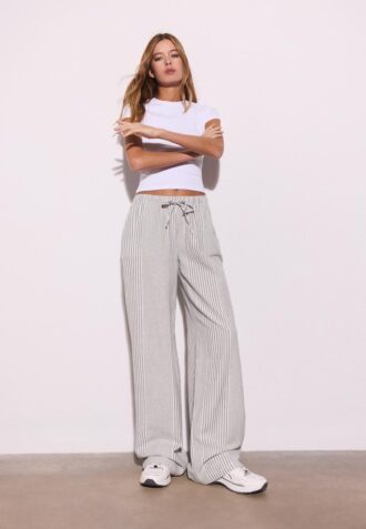Pantalones fluidos de mezcla de lino a rayas Pantalones fluidos de mezcla de lino a rayas