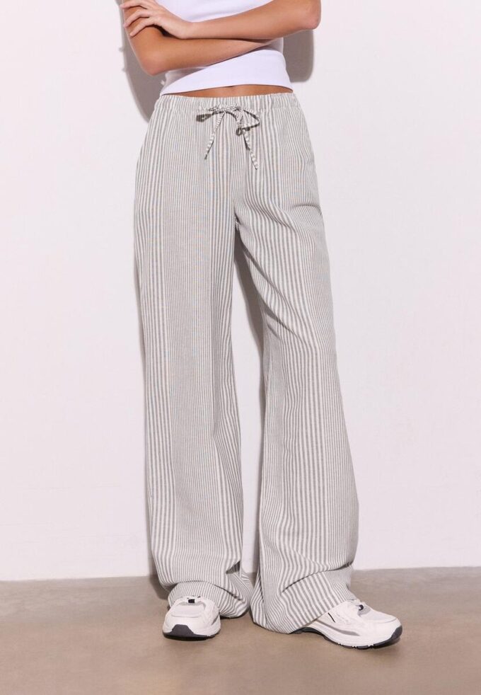 Pantalones fluidos de mezcla de lino a rayas Pantalones fluidos de mezcla de lino a rayas