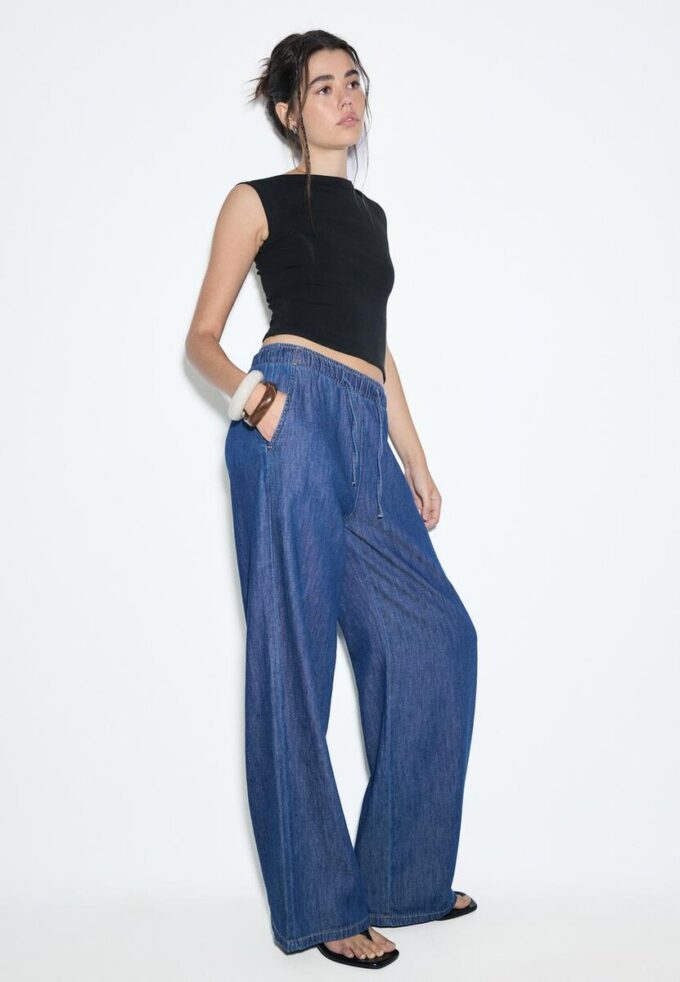 Pantalones holgados de mezclilla con cordón Pantalones holgados de mezclilla con cordón