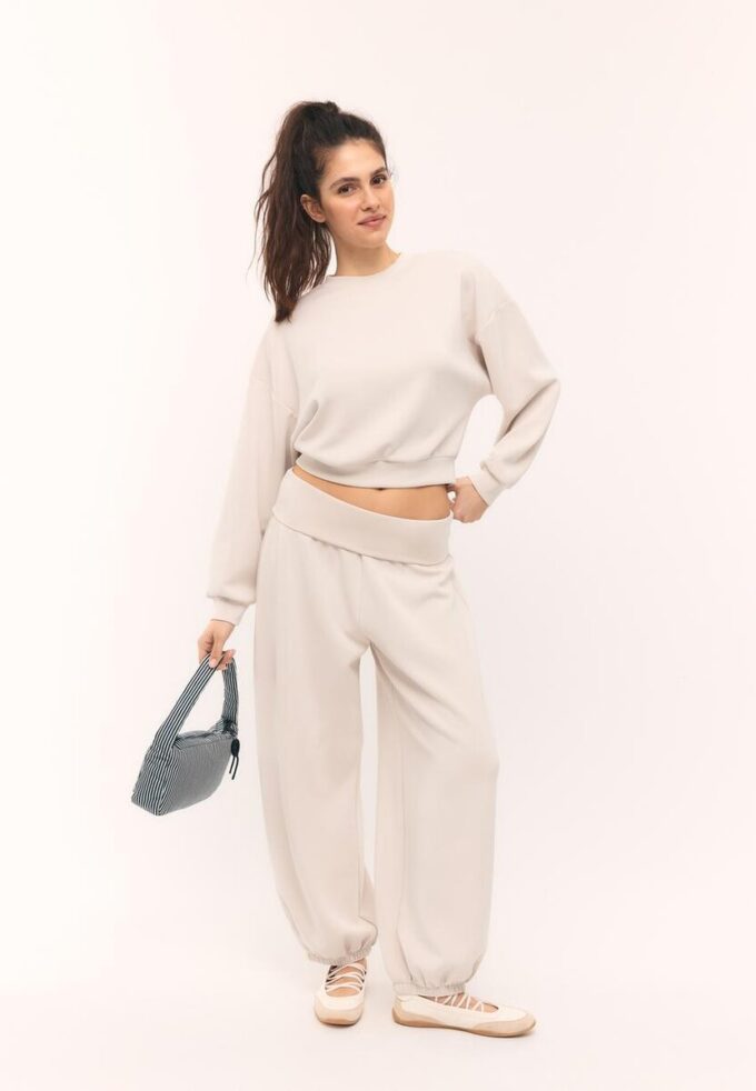Pantalones jogger tipo globo de tacto suave con cintura remangada Pantalones jogger tipo globo de tacto suave con cintura remangada