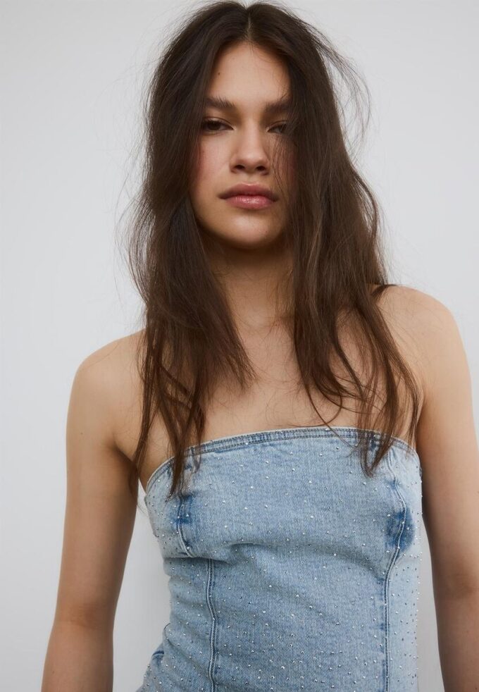 Top bustier de denim brillante