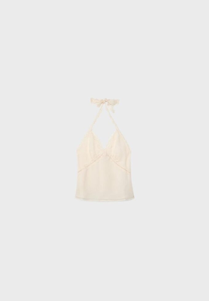 Top con cuello halter y ribete de encaje Top con cuello halter y ribete de encaje