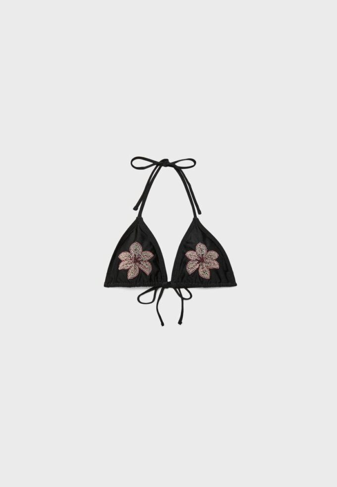 Top de bikini triangular con flores bordadas Top de bikini triangular con flores bordadas
