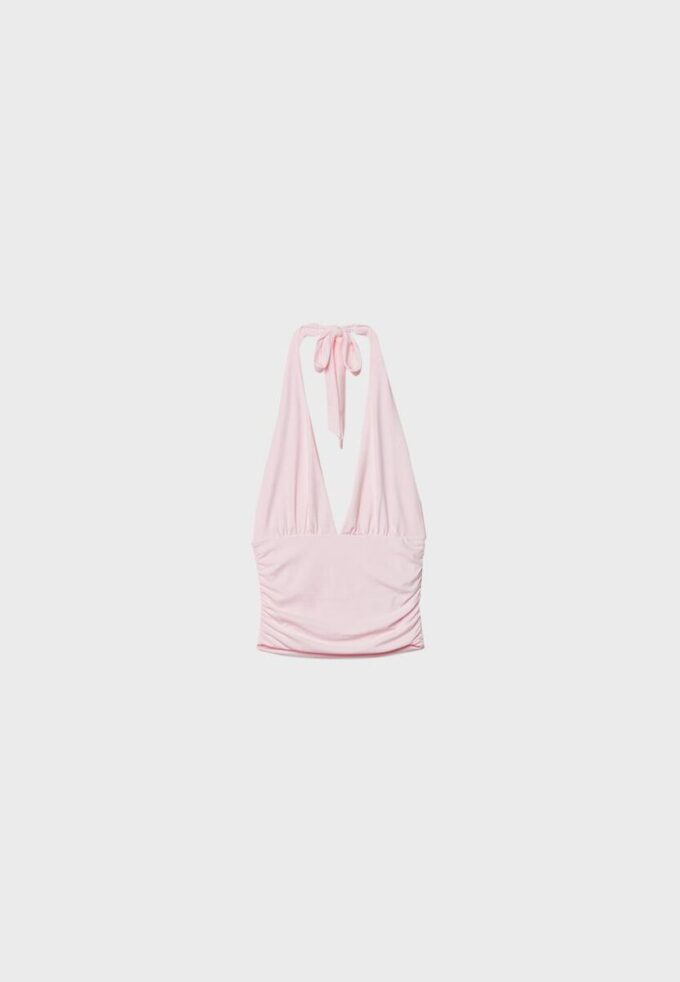 Top halter con lazo fruncido en el cuello Top halter con lazo fruncido en el cuello