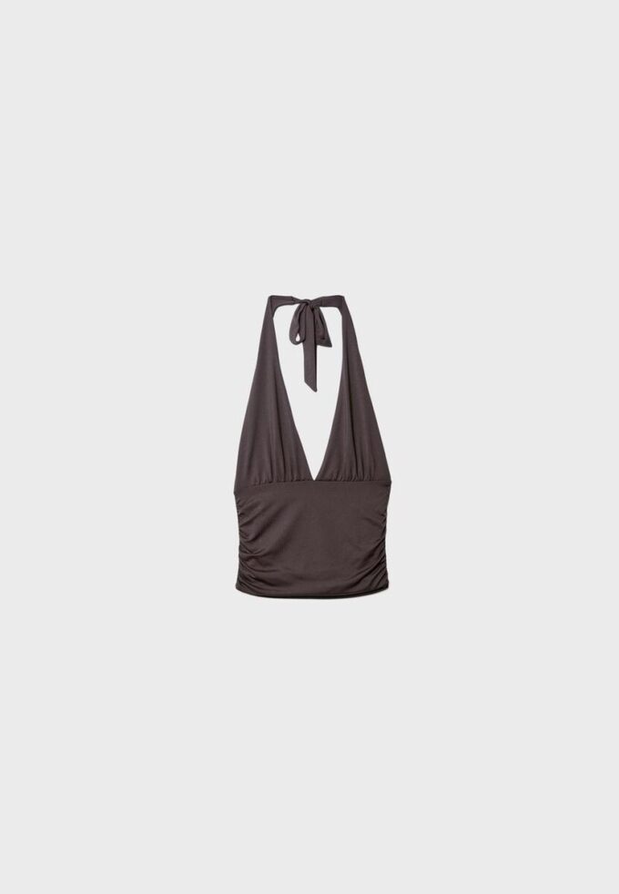 Top halter con lazo fruncido en el cuello Top halter con lazo fruncido en el cuello