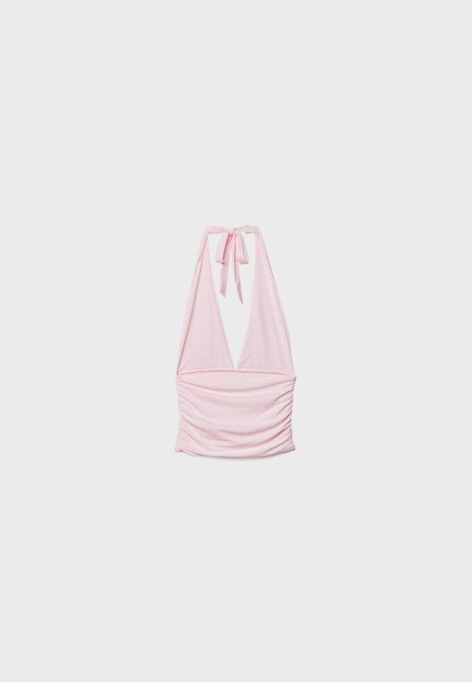 Top halter con lazo fruncido en el cuello Top halter con lazo fruncido en el cuello