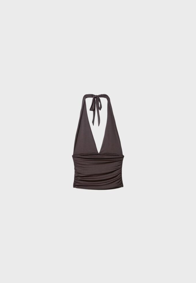 Top halter con lazo fruncido en el cuello Top halter con lazo fruncido en el cuello