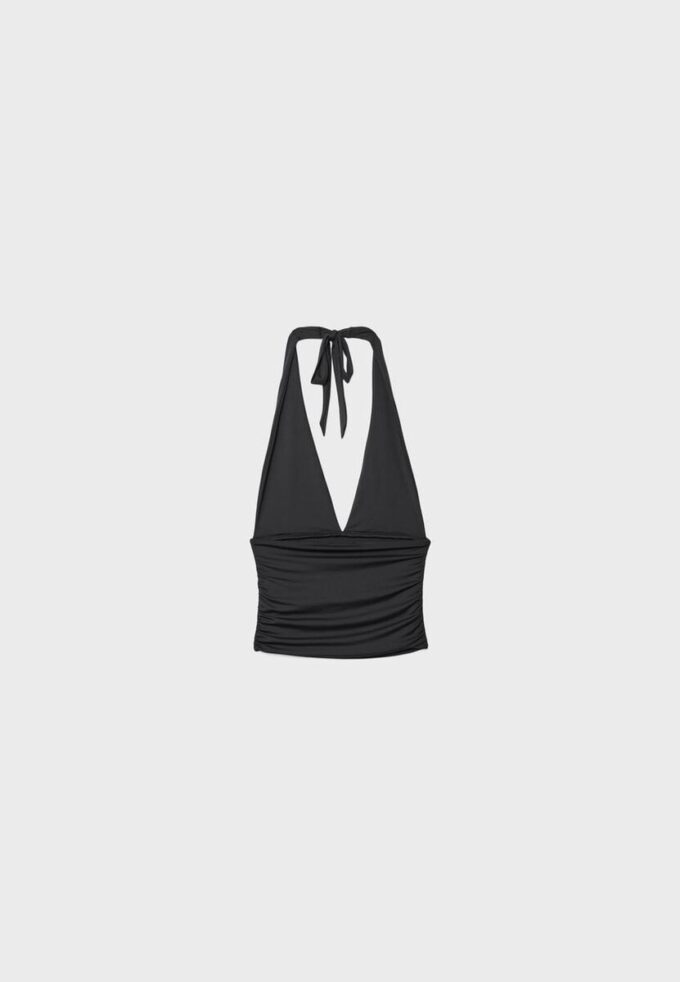 Top halter con lazo fruncido en el cuello Top halter con lazo fruncido en el cuello