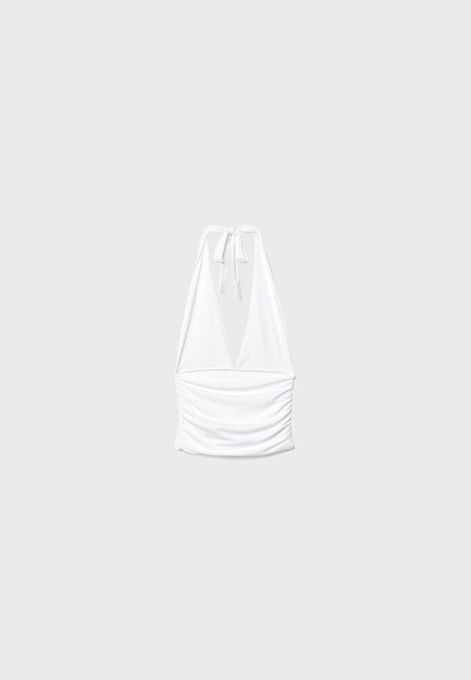 Top halter con lazo fruncido en el cuello Top halter con lazo fruncido en el cuello