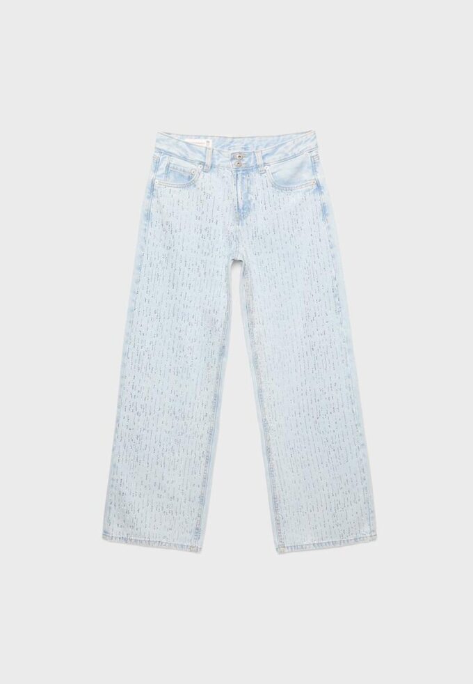 Vaqueros de talle bajo y pierna Wide Leg con pedrería Vaqueros de talle bajo y pierna Wide Leg con pedrería