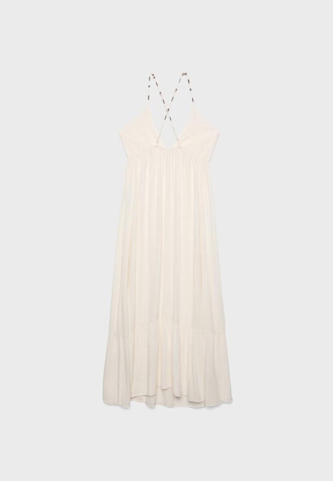Vestido largo de crepé con tirantes con pedrería
