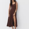 Vestido midi con espalda cruzada y efecto lino Vestido midi con espalda cruzada y efecto lino
