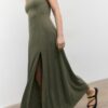 Vestido midi con espalda cruzada y efecto lino Vestido midi con espalda cruzada y efecto lino