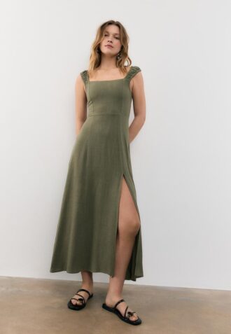 Vestido midi con espalda cruzada y efecto lino