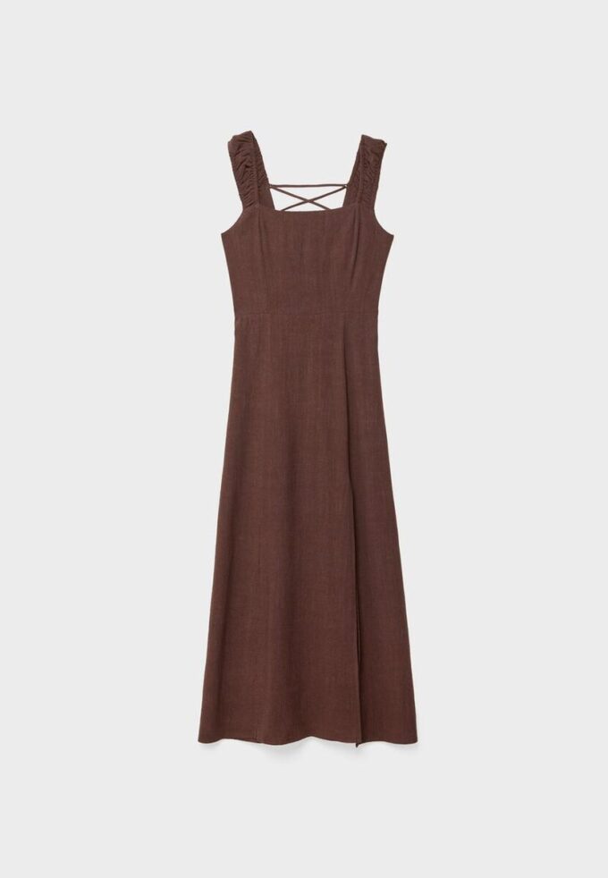 Vestido midi con espalda cruzada y efecto lino Vestido midi con espalda cruzada y efecto lino