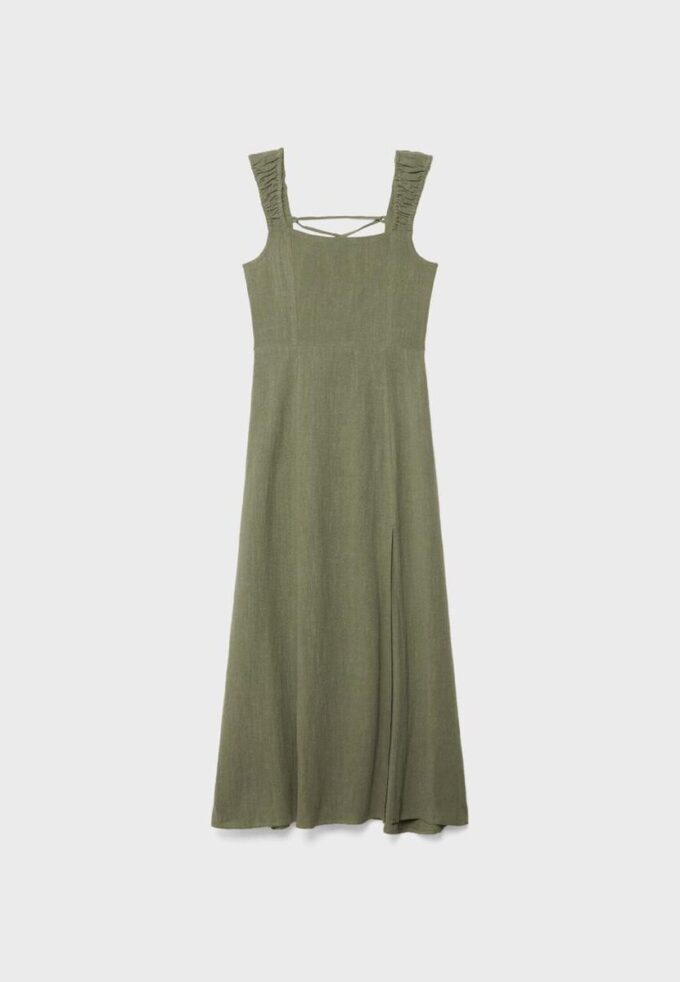 Vestido midi con espalda cruzada y efecto lino Vestido midi con espalda cruzada y efecto lino