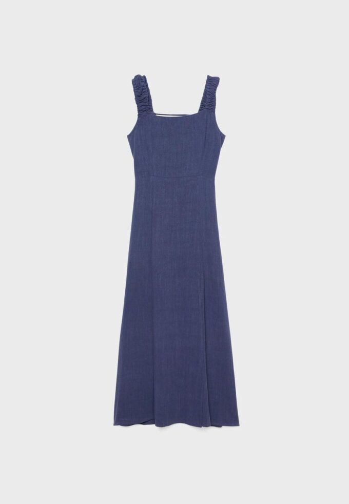 Vestido midi con espalda cruzada y efecto lino Vestido midi con espalda cruzada y efecto lino