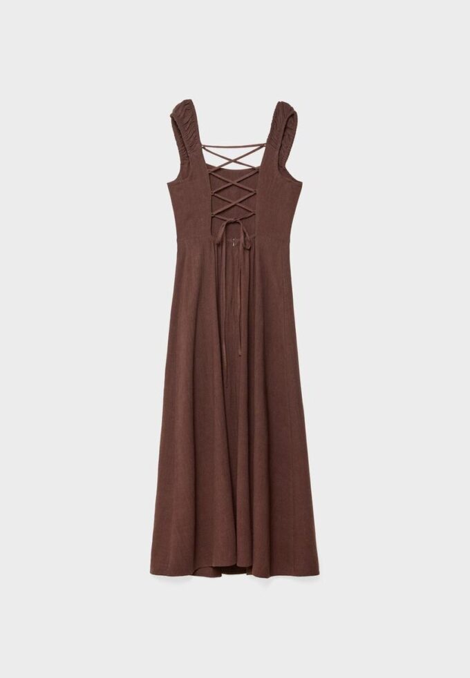 Vestido midi con espalda cruzada y efecto lino Vestido midi con espalda cruzada y efecto lino