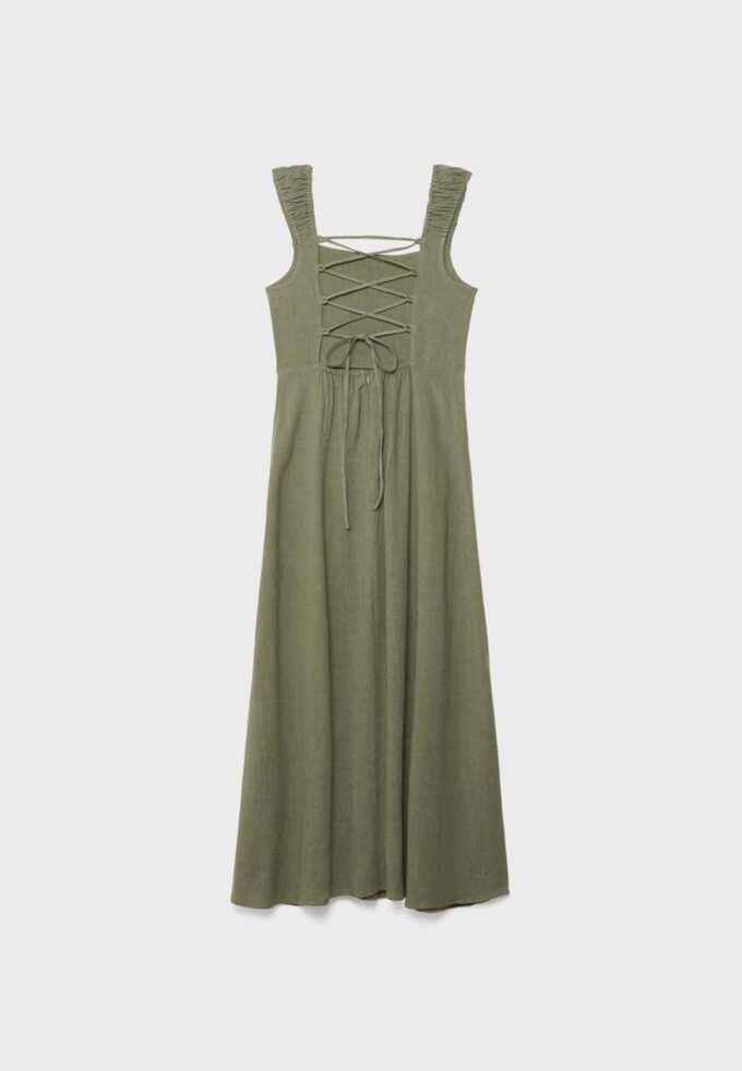 Vestido midi con espalda cruzada y efecto lino Vestido midi con espalda cruzada y efecto lino