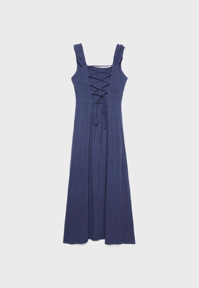 Vestido midi con espalda cruzada y efecto lino Vestido midi con espalda cruzada y efecto lino