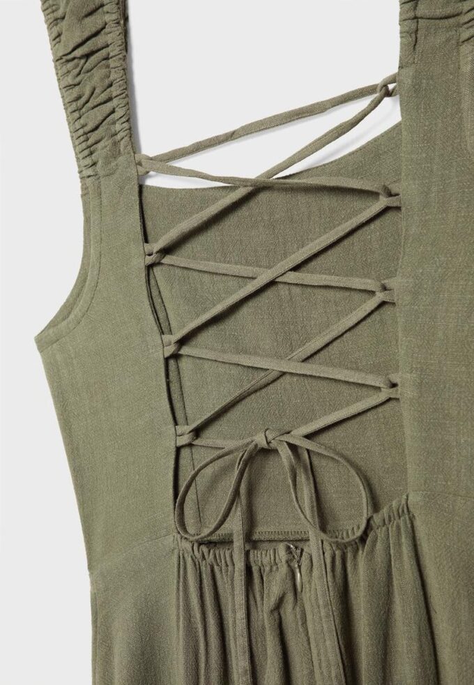 Vestido midi con espalda cruzada y efecto lino Vestido midi con espalda cruzada y efecto lino