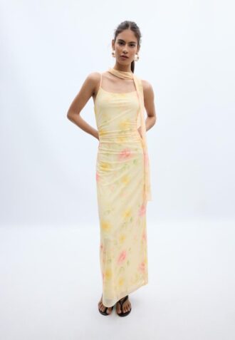 Vestido midi de tul estampado con pañuelo