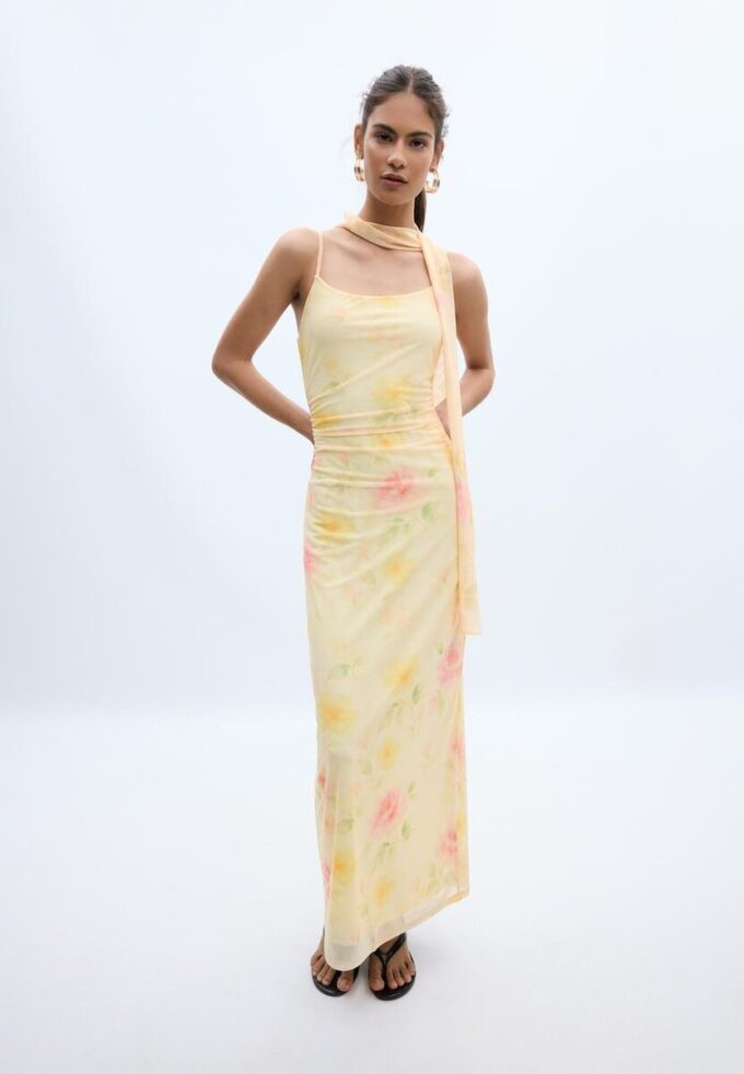 Vestido midi de tul estampado con pañuelo Vestido midi de tul estampado con pañuelo