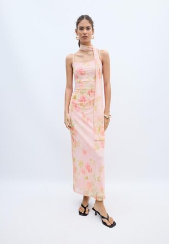 Vestido midi de tul estampado con pañuelo
