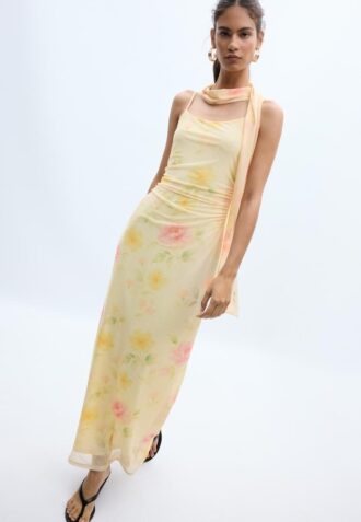 Vestido midi de tul estampado con pañuelo