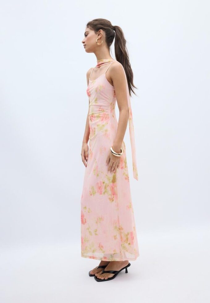 Vestido midi de tul estampado con pañuelo Vestido midi de tul estampado con pañuelo
