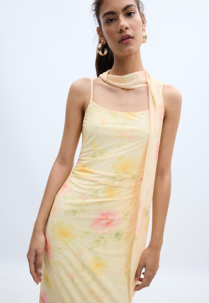 Vestido midi de tul estampado con pañuelo Vestido midi de tul estampado con pañuelo