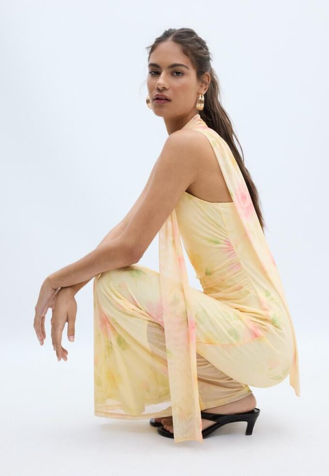 Vestido midi de tul estampado con pañuelo Vestido midi de tul estampado con pañuelo