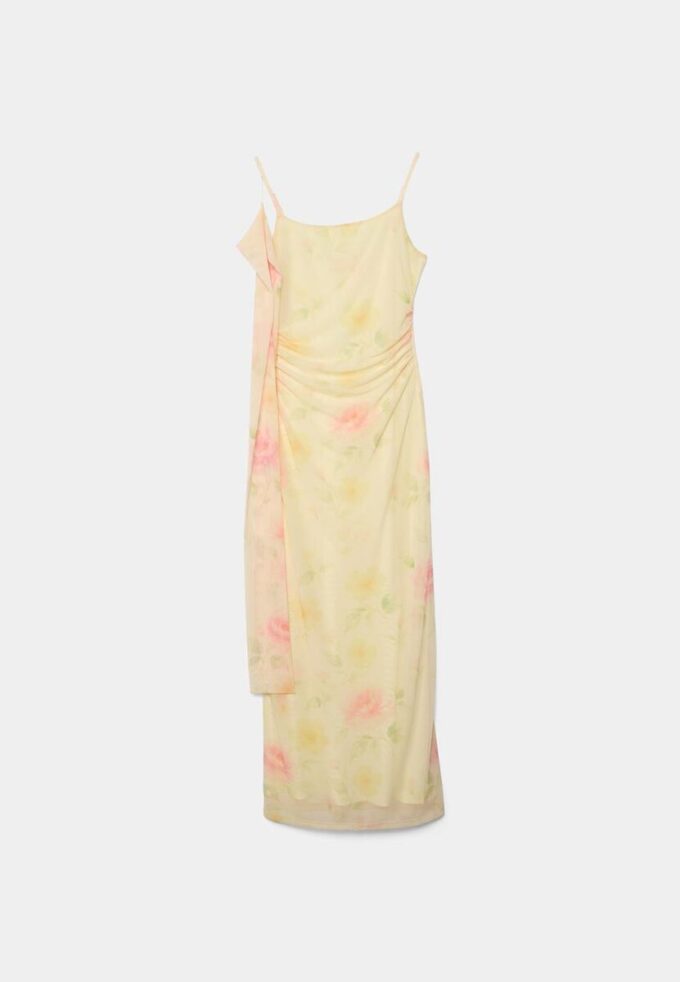 Vestido midi de tul estampado con pañuelo Vestido midi de tul estampado con pañuelo