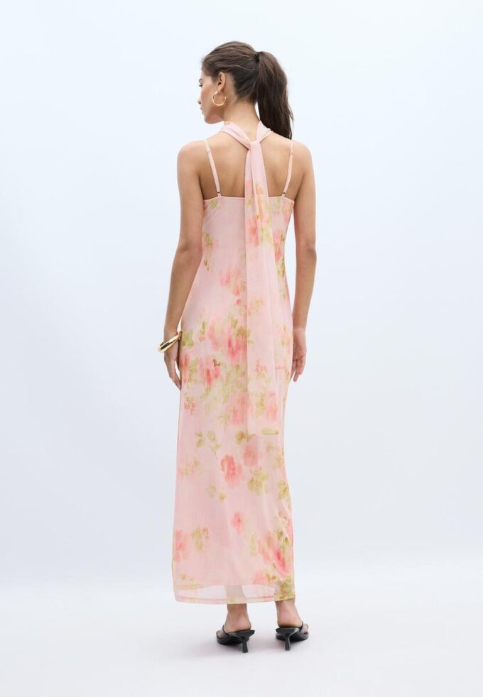 Vestido midi de tul estampado con pañuelo Vestido midi de tul estampado con pañuelo