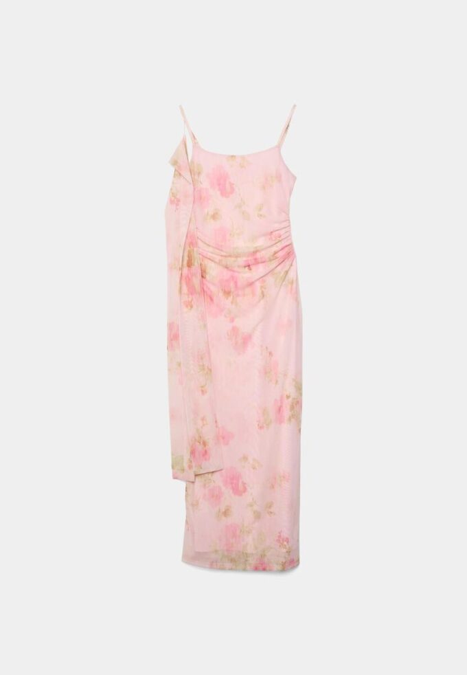 Vestido midi de tul estampado con pañuelo Vestido midi de tul estampado con pañuelo