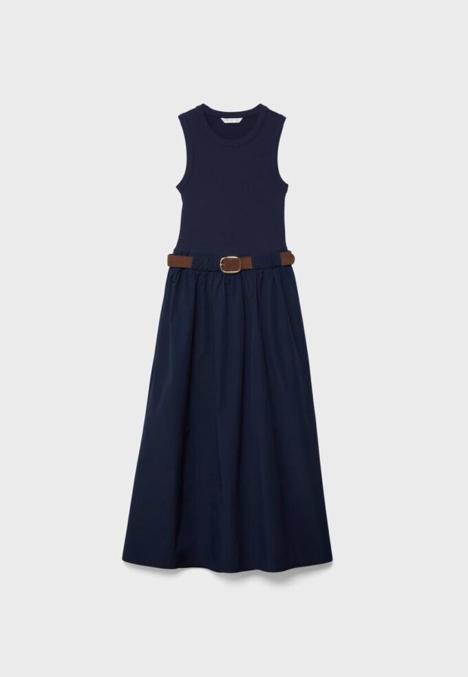 Vestido midi sin mangas de dos materiales con cinturón Vestido midi sin mangas de dos materiales con cinturón