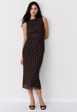 Vestido midi sin mangas de tul con lunares Vestido midi sin mangas de tul con lunares