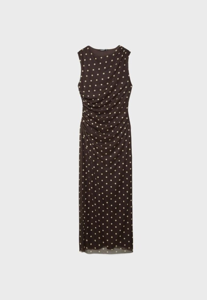 Vestido midi sin mangas de tul con lunares Vestido midi sin mangas de tul con lunares